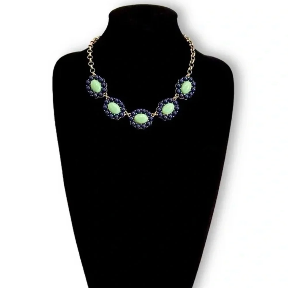 Banana Republic Navy Blue & Mint Green Floral Bib Necklace - Picture 3 of 5